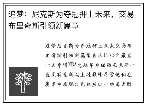 追梦：尼克斯为夺冠押上未来，交易布里奇斯引领新篇章