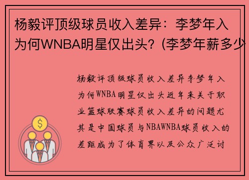 杨毅评顶级球员收入差异：李梦年入为何WNBA明星仅出头？(李梦年薪多少)