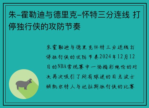 朱-霍勒迪与德里克-怀特三分连线 打停独行侠的攻防节奏