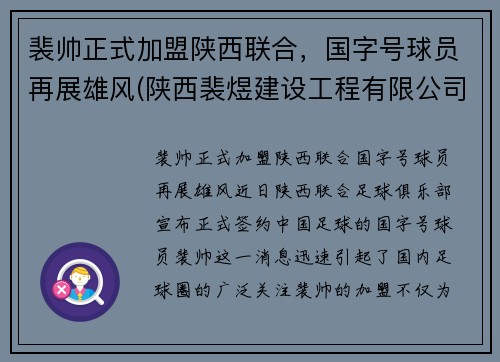 裴帅正式加盟陕西联合，国字号球员再展雄风(陕西裴煜建设工程有限公司)