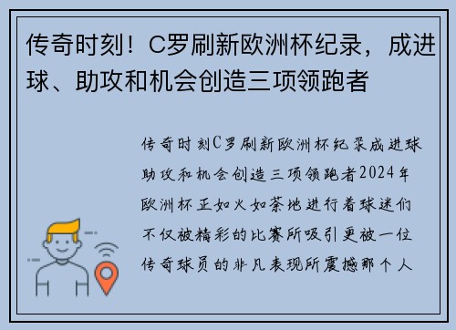 传奇时刻！C罗刷新欧洲杯纪录，成进球、助攻和机会创造三项领跑者